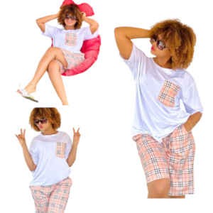 Ensemble Culotte - Nouvelle Mode Manches Courtes Coupe Tops Imprimé Grille - Costume Casual Deux Pièces Short Femmes