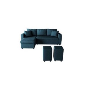 Canapé d'angle en tissu - 2 places + lit  - 2 poufs